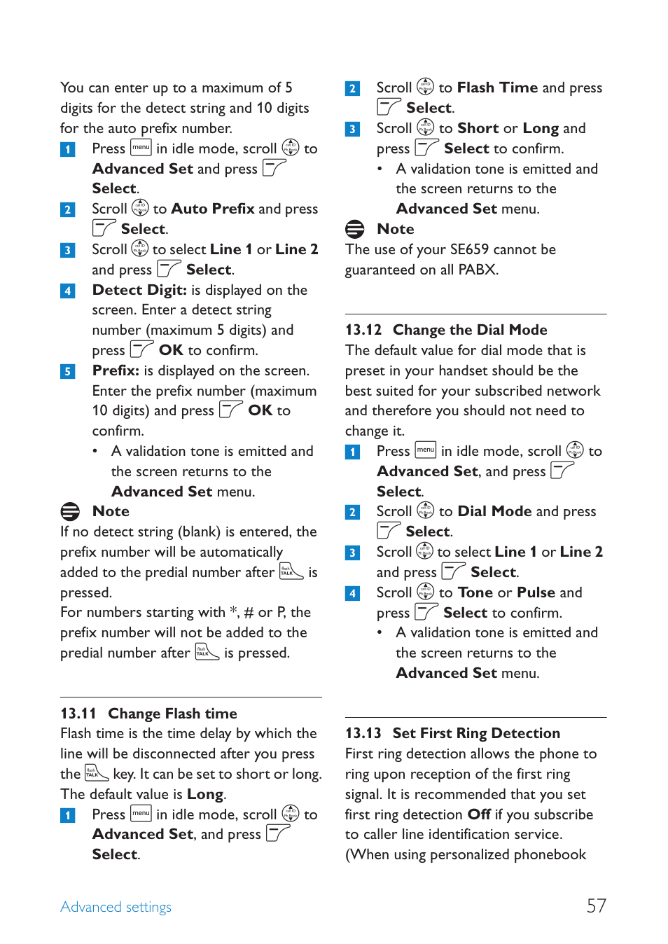 11 change flash time, 12 change the dial mode, 13 set first ring detection | Change flash time, Change the dial mode, Set first ring detection | Philips SE659 User Manual | Page 59 / 76