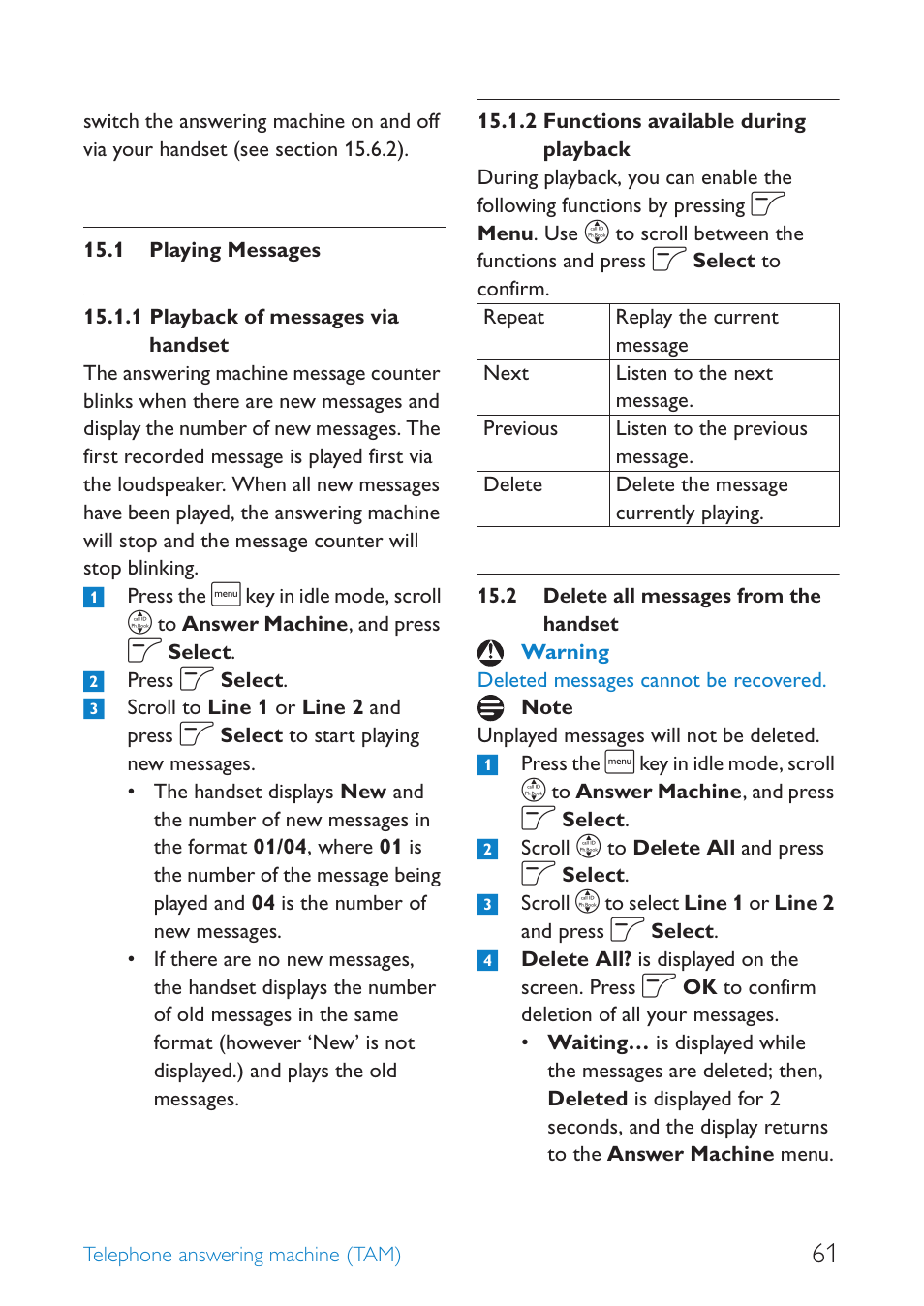 1 playing messages, 2 delete all messages from the handset, Playing messages | Playback of messages via handset, Functions available during playback, Delete all messages from the handset | Philips SE659 User Manual | Page 63 / 76