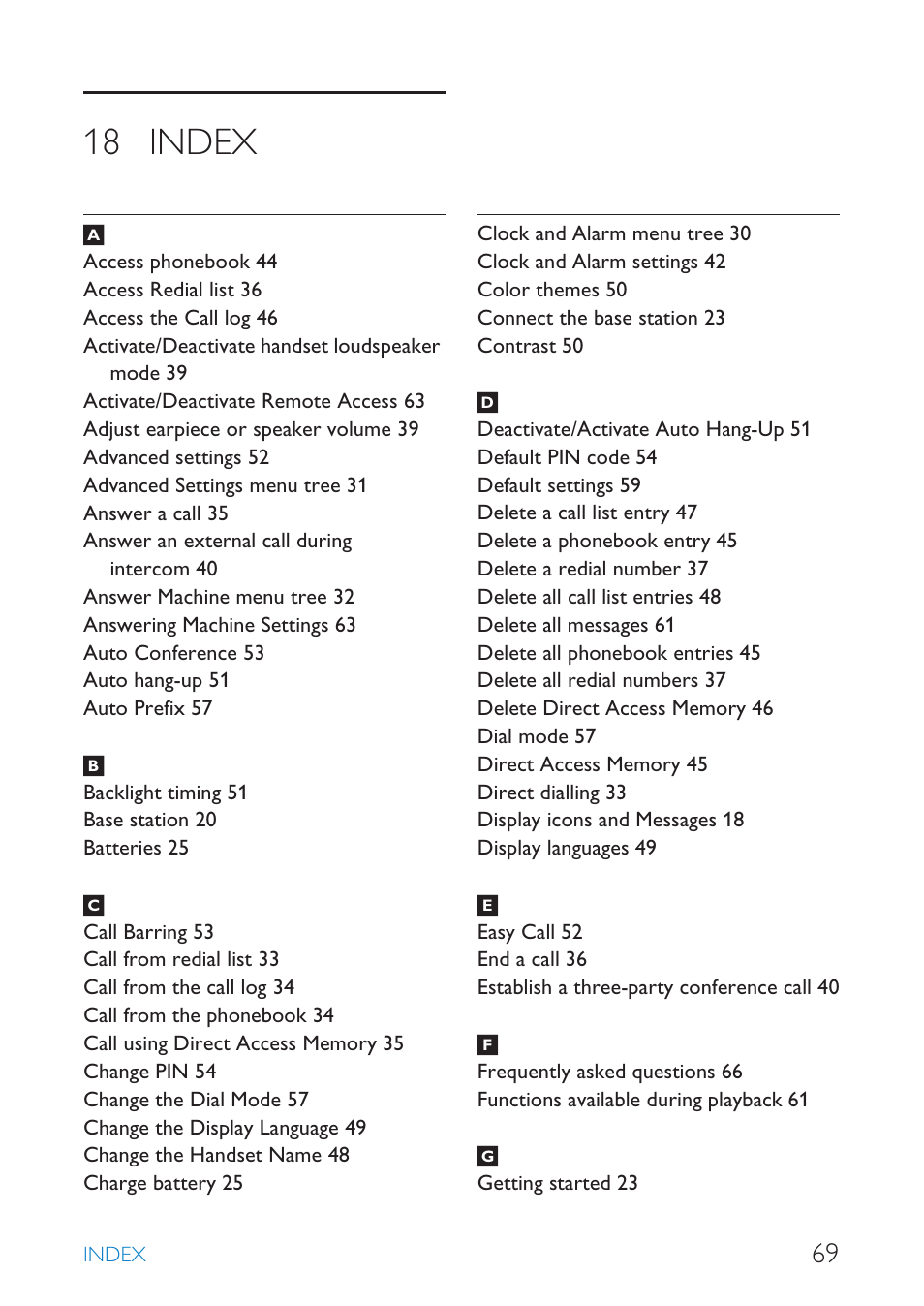 18 index, Index | Philips SE659 User Manual | Page 71 / 76