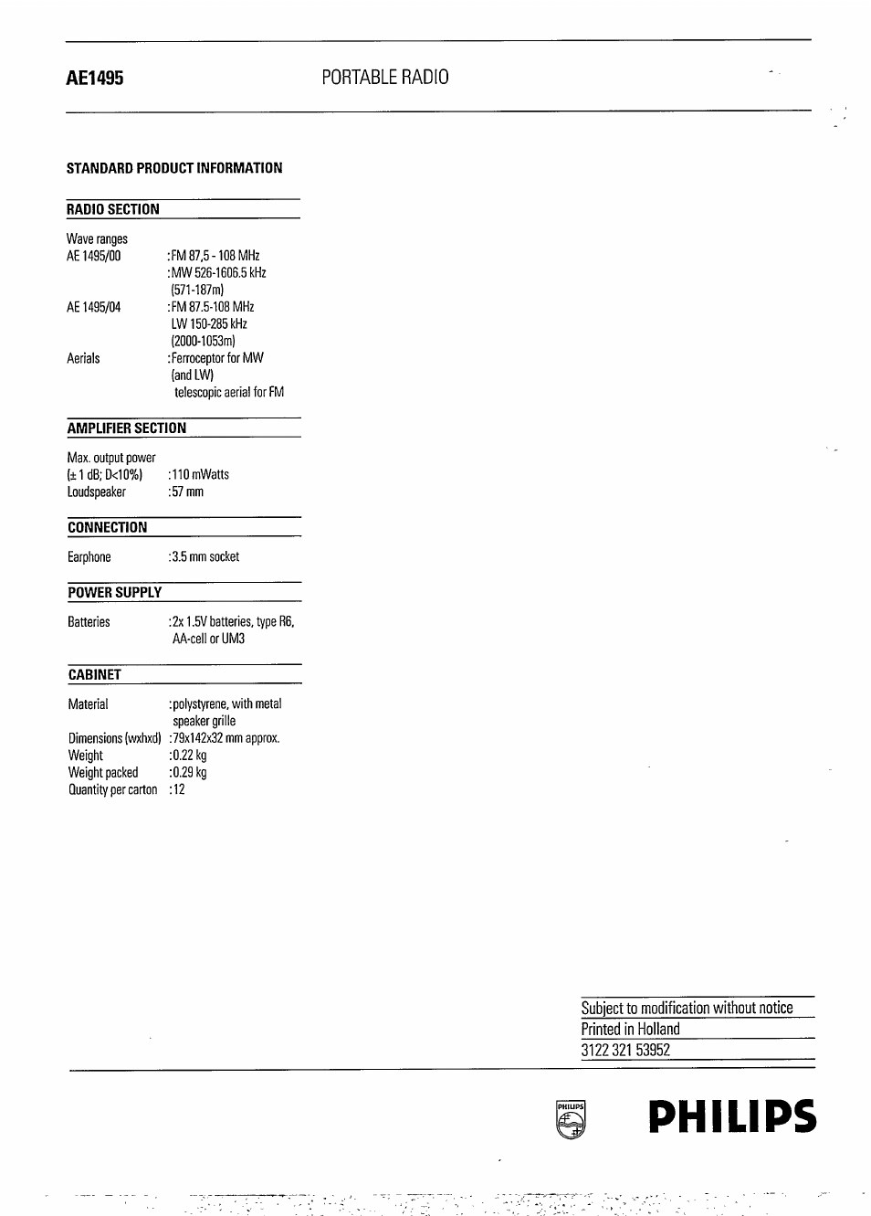 Ae1495, Philips, Ae1495 portable radio | Philips AE 1495 User Manual | Page 2 / 2