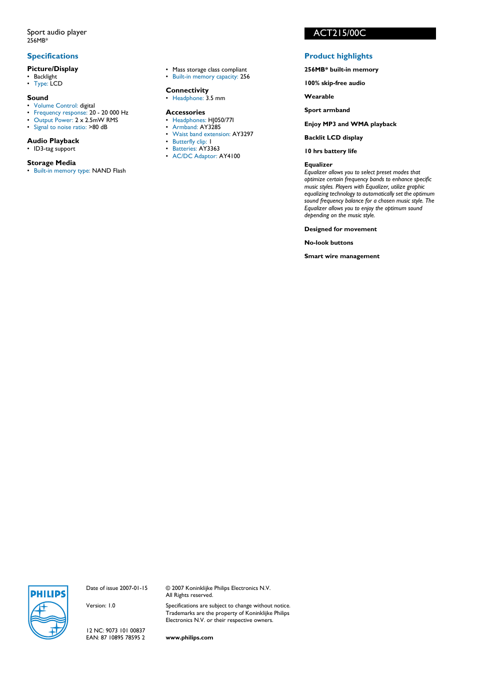Philips ACT215/00C User Manual | Page 2 / 2