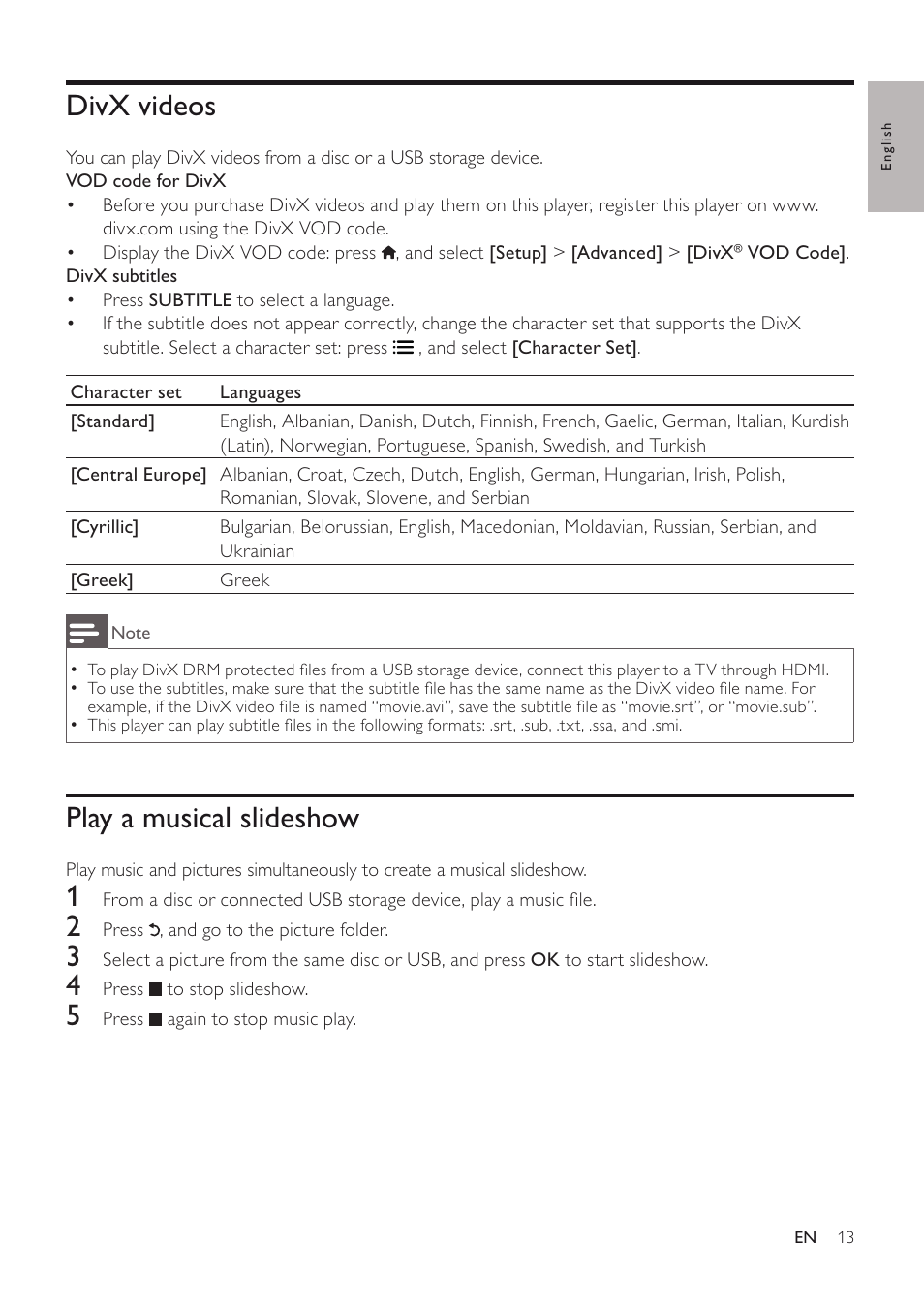 Divx videos, Play a musical slideshow | Philips BDP3406/F7 User Manual | Page 13 / 62