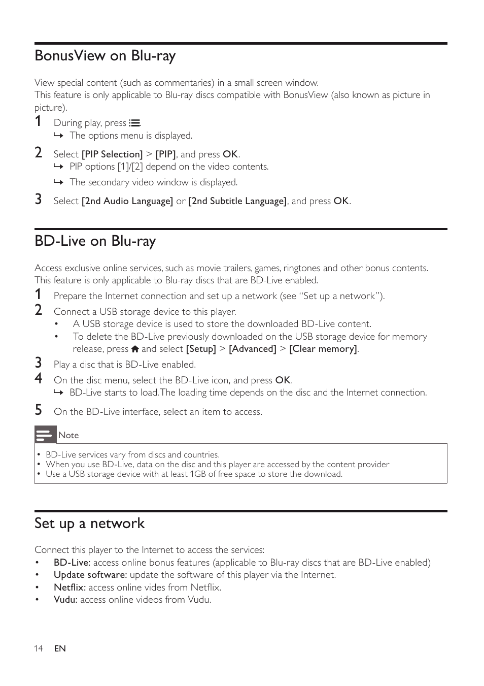 Bonusview on blu-ray, Bd-live on blu-ray, Set up a network | Philips BDP3406/F7 User Manual | Page 14 / 62