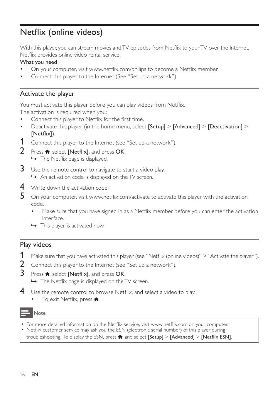 Netﬂix (online videos) | Philips BDP3406/F7 User Manual | Page 16 / 62