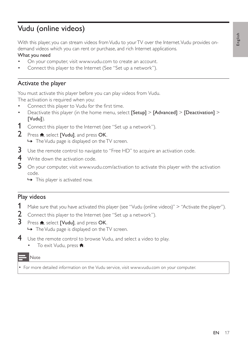 Vudu (online videos) | Philips BDP3406/F7 User Manual | Page 17 / 62