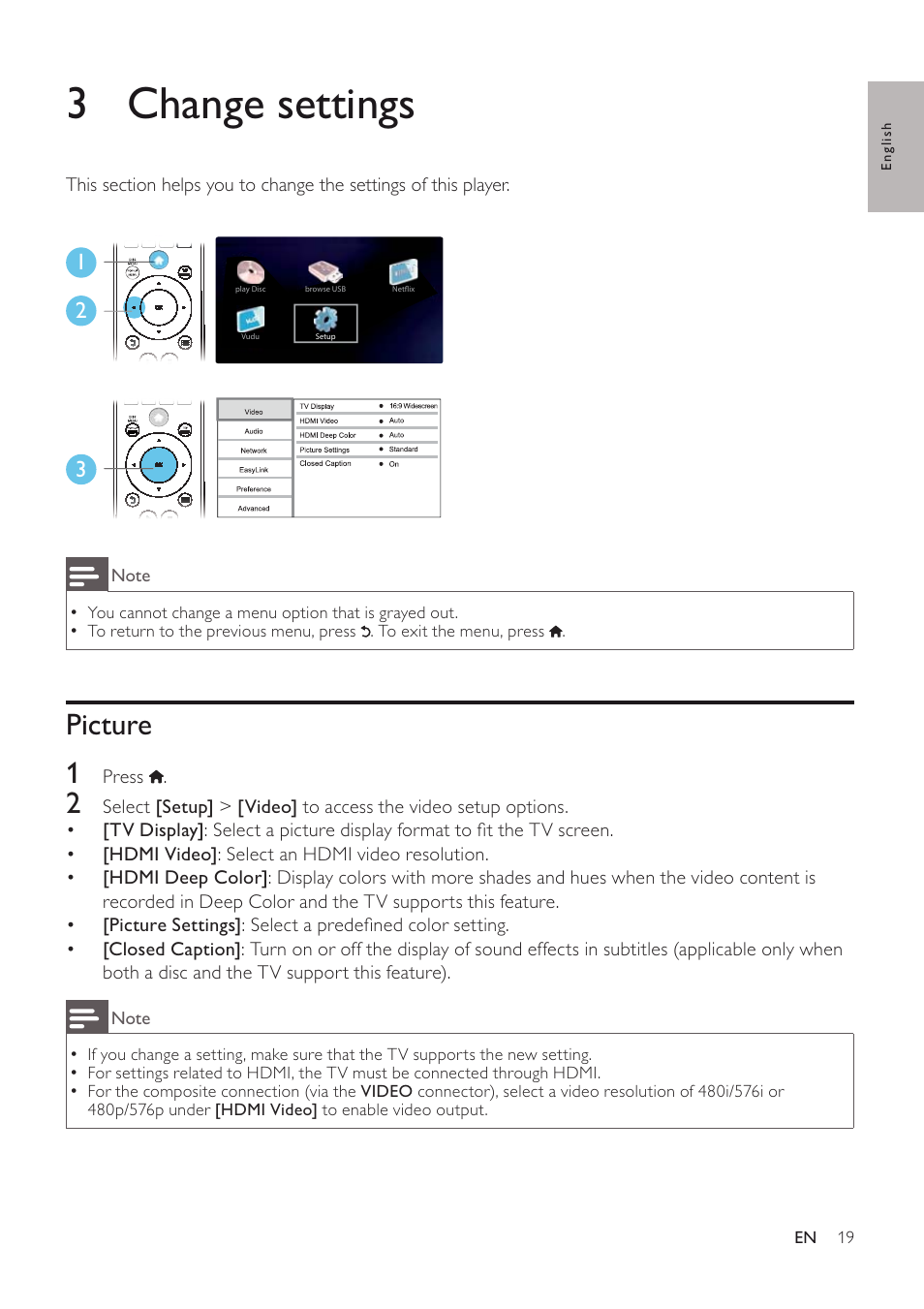 3 change settings, Picture 1 | Philips BDP3406/F7 User Manual | Page 19 / 62