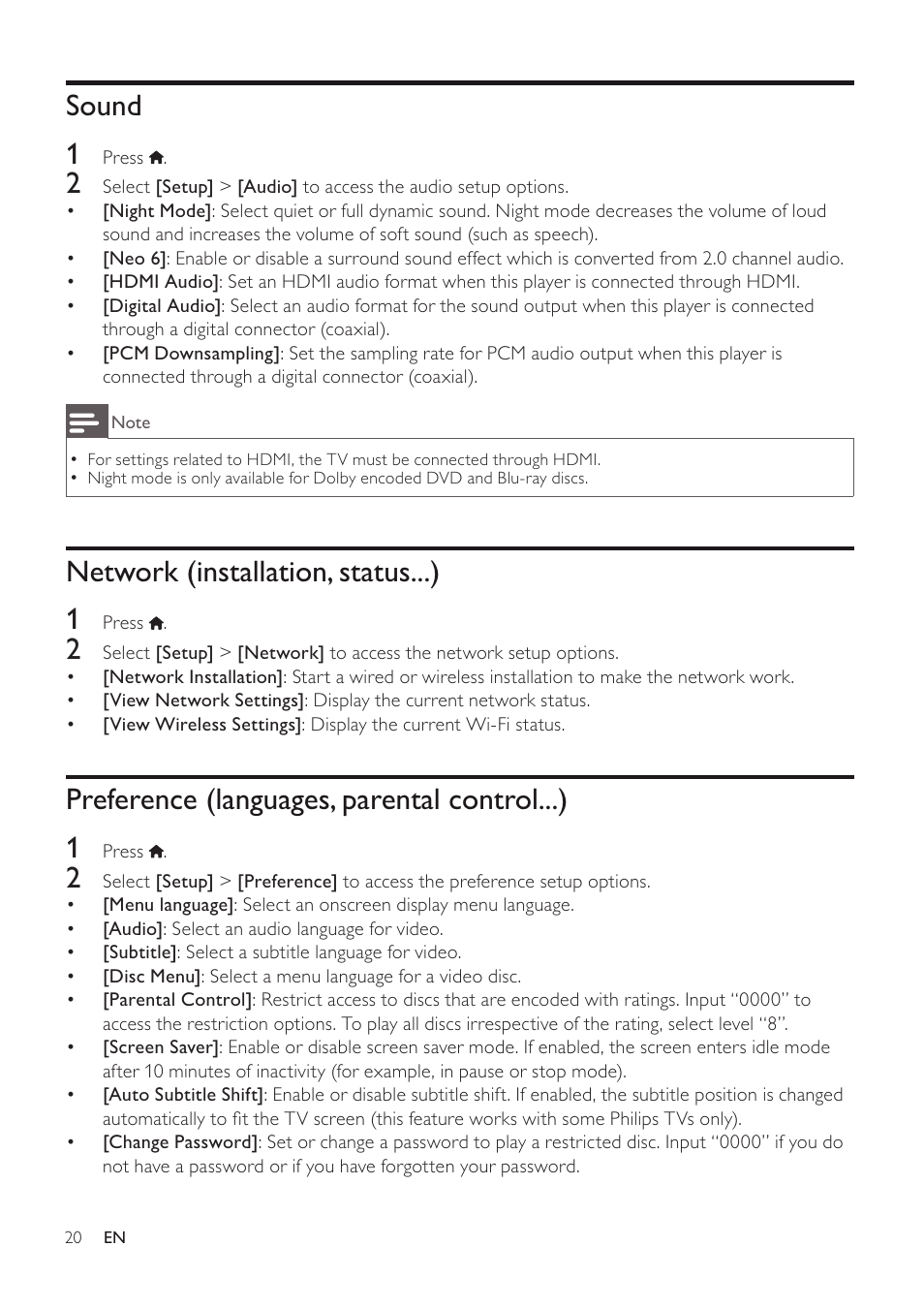 Sound 1, Network (installation, status...) 1, Preference (languages, parental control...) 1 | Philips BDP3406/F7 User Manual | Page 20 / 62