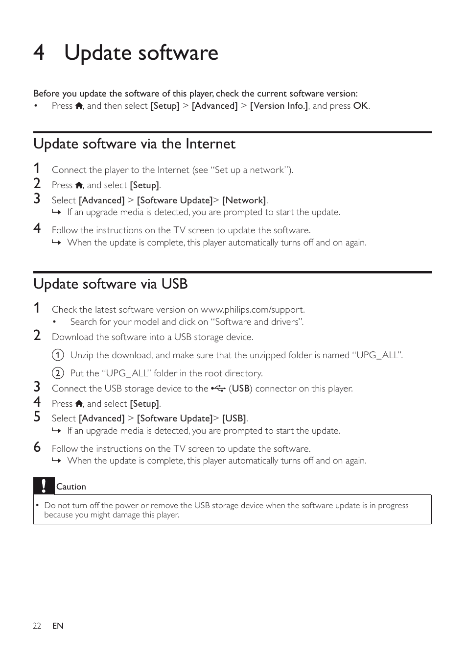 4 update software, Update software via the internet 1, Update software via usb 1 | Philips BDP3406/F7 User Manual | Page 22 / 62