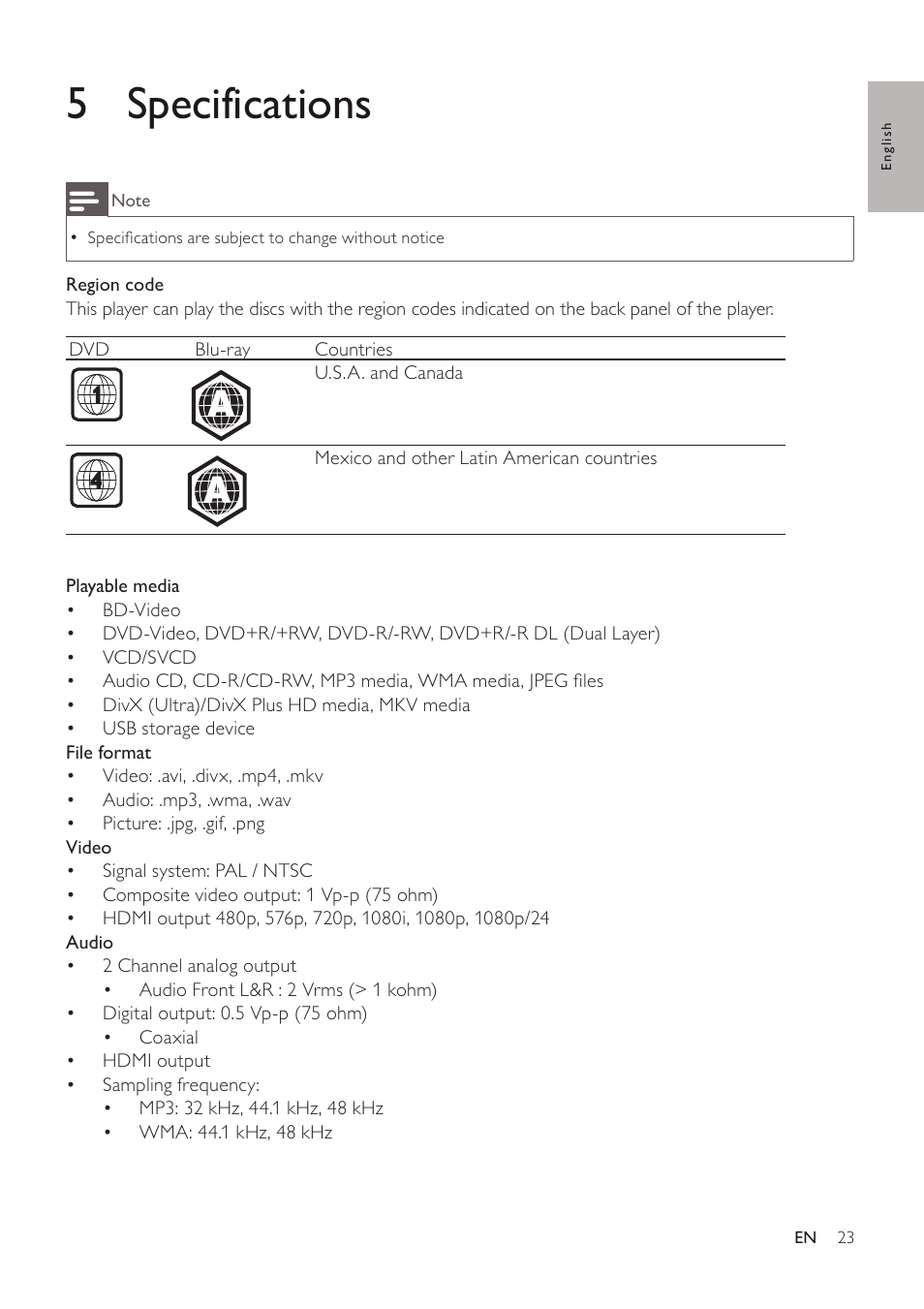 5 specifications | Philips BDP3406/F7 User Manual | Page 23 / 62