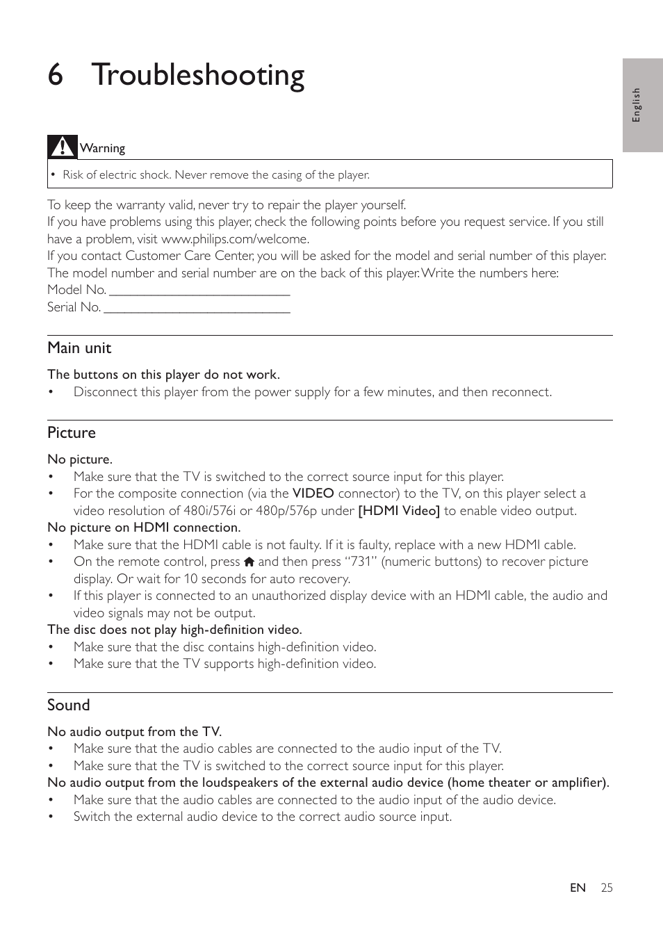 6 troubleshooting, Main unit, Picture | Sound | Philips BDP3406/F7 User Manual | Page 25 / 62