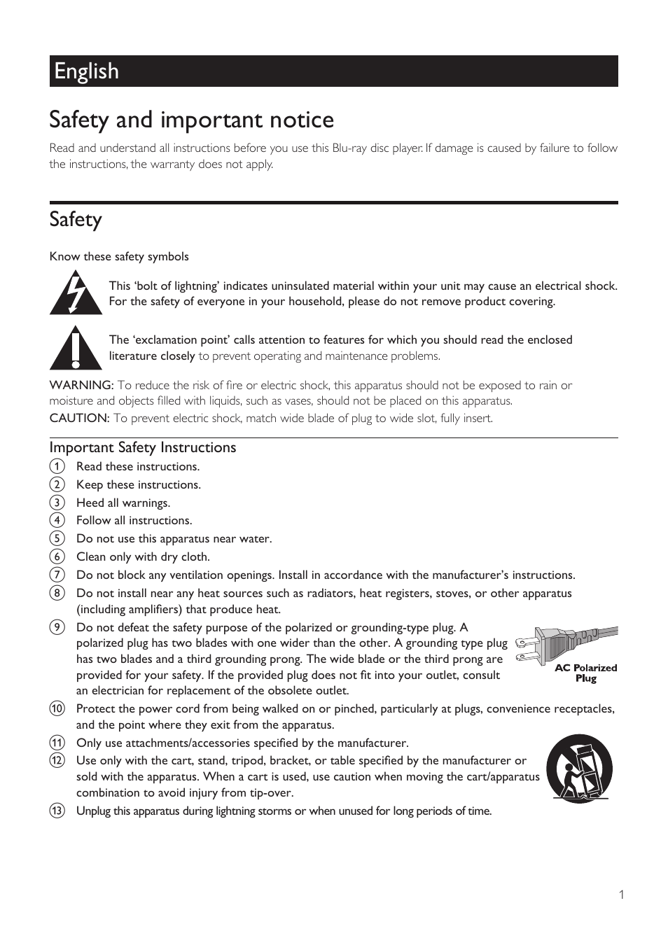 Safety and important notice, English, Safety | Philips BDP3406/F7 User Manual | Page 32 / 62
