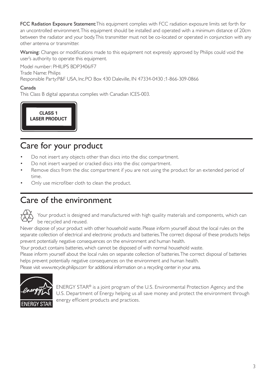 Care for your product, Care of the environment | Philips BDP3406/F7 User Manual | Page 34 / 62