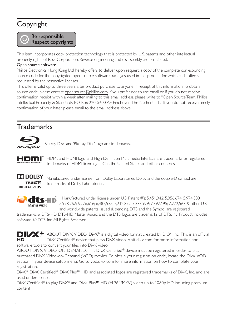 Copyright, Trademarks | Philips BDP3406/F7 User Manual | Page 35 / 62