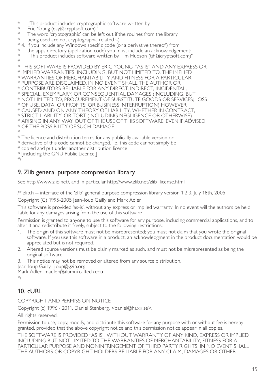 Zlib general purpose compression library, Curl | Philips BDP3406/F7 User Manual | Page 51 / 62