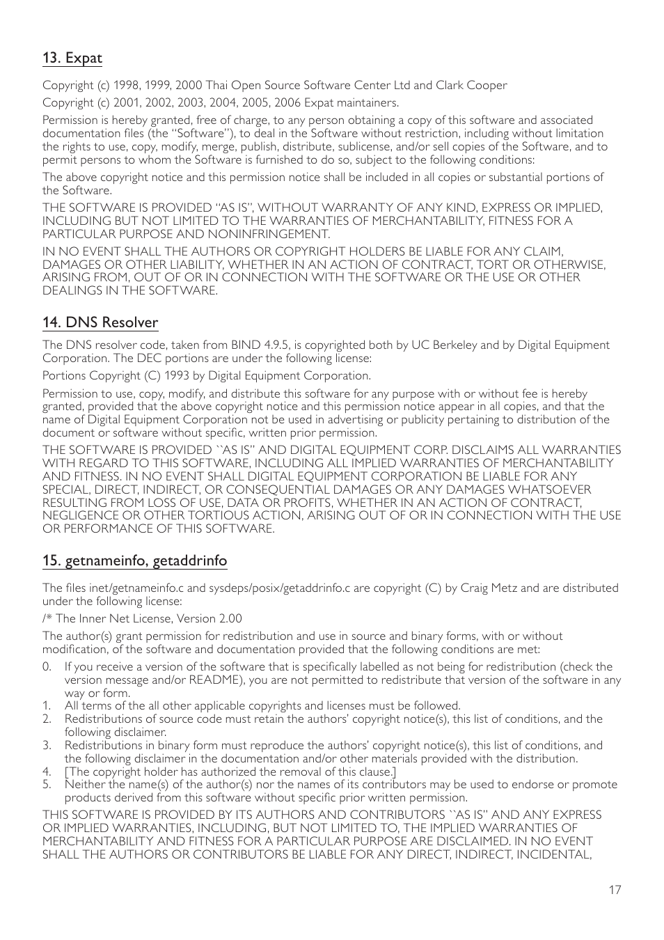 Expat, Dns resolver, Getnameinfo, getaddrinfo | Philips BDP3406/F7 User Manual | Page 53 / 62