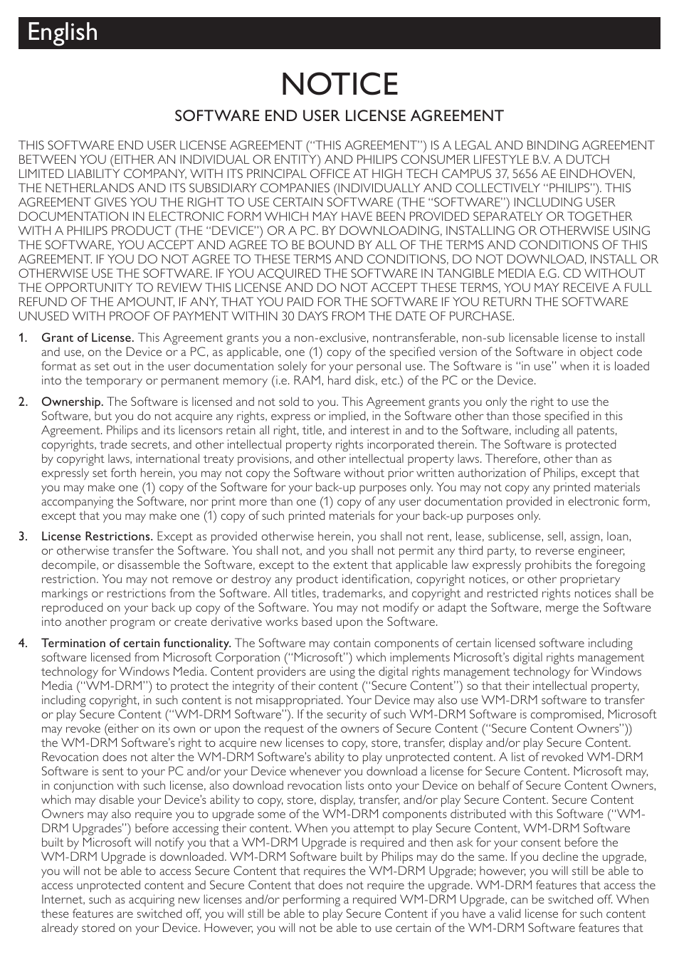 Notice, English | Philips BDP3406/F7 User Manual | Page 59 / 62