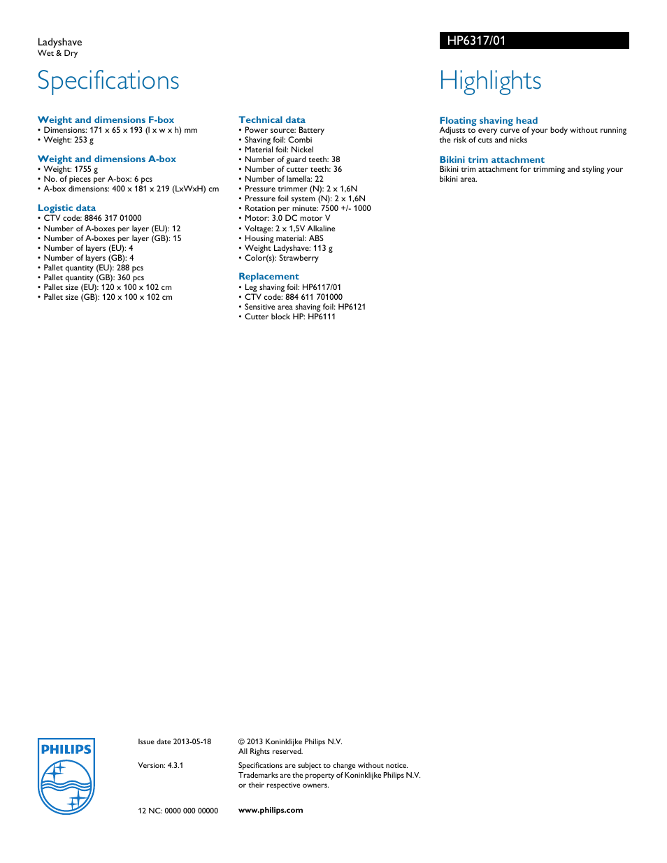 Specifications, Highlights | Philips HP6317 User Manual | Page 2 / 2