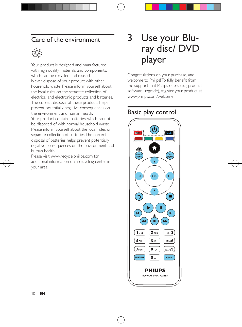 3d health warning, Care for your product, Care of the environment | 3 use your blu-ray disc/ dvd player, Basic play control | Philips BDP2985 User Manual | Page 10 / 29