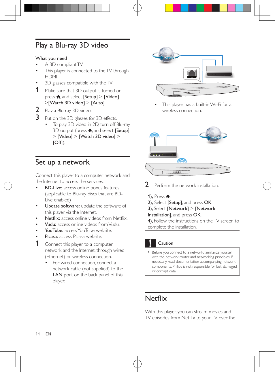 Picture options, Audio options, Divx videos | Play a blu-ray 3d video, Set up a network, Netflix | Philips BDP2985 User Manual | Page 14 / 29