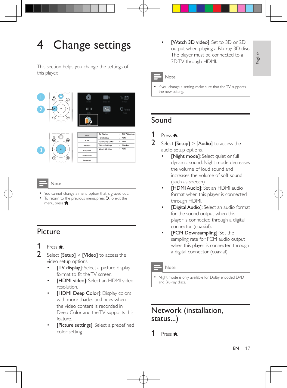 Vudu, Youtube, Picasa | 4 change settings, Picture, Sound, Network (installation, status...) | Philips BDP2985 User Manual | Page 17 / 29