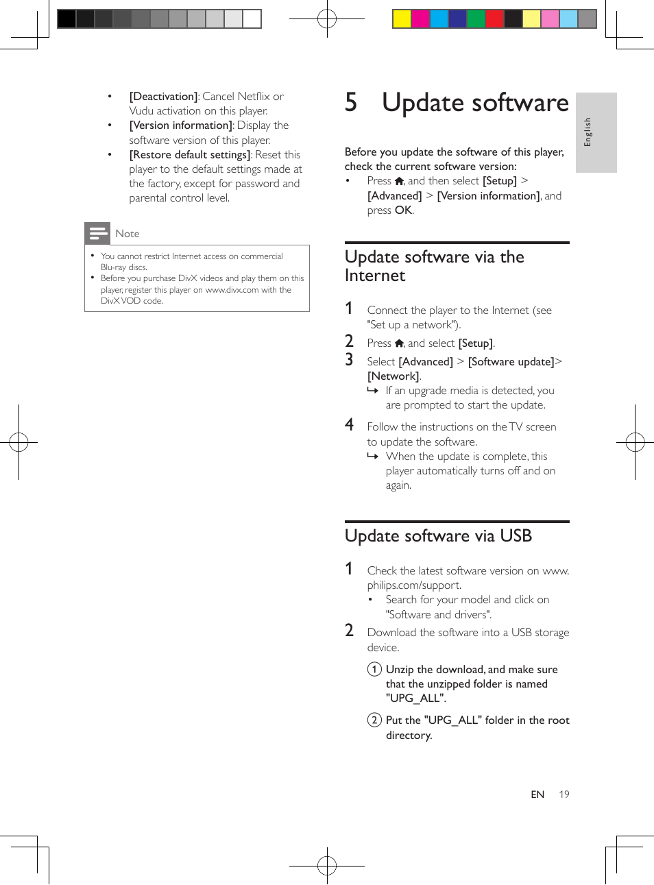 4 change settings, Picture, Sound | Network (installation, status...), 5 update software, Update software via the internet, Update software via usb, Update software via the internet 1, Update software via usb 1 | Philips BDP2985 User Manual | Page 19 / 29