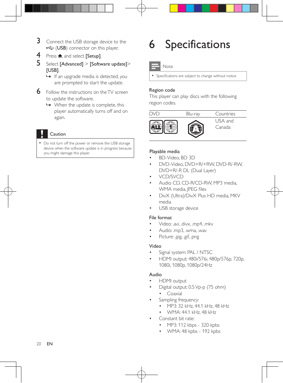 Preference (languages, parental control...), Advanced options (clear memory...), 6 specifications | Philips BDP2985 User Manual | Page 20 / 29