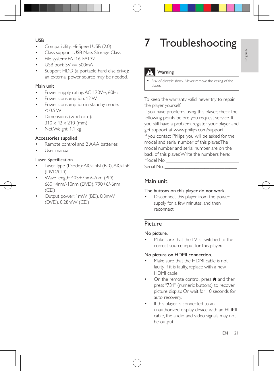 7 troubleshooting, Main unit, Picture | Philips BDP2985 User Manual | Page 21 / 29