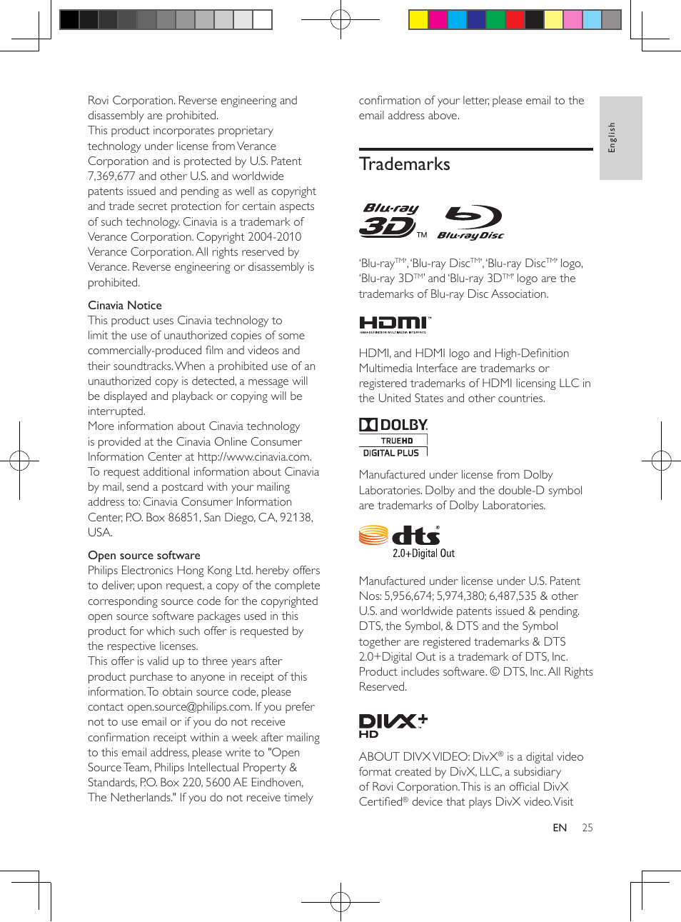 Network, 3d videos, Trademarks | Philips BDP2985 User Manual | Page 25 / 29