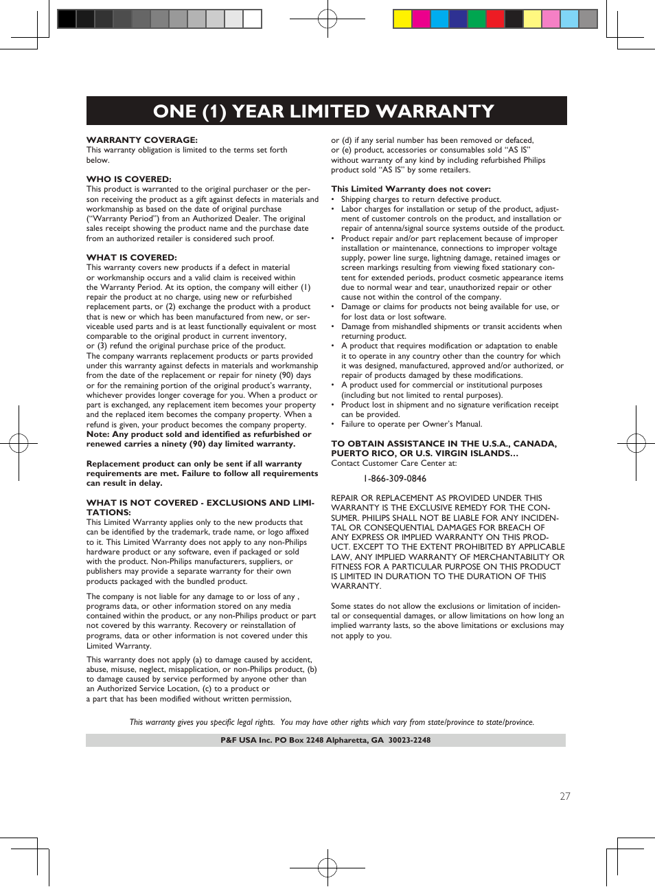 One (1) year limited warranty | Philips BDP2985 User Manual | Page 27 / 29