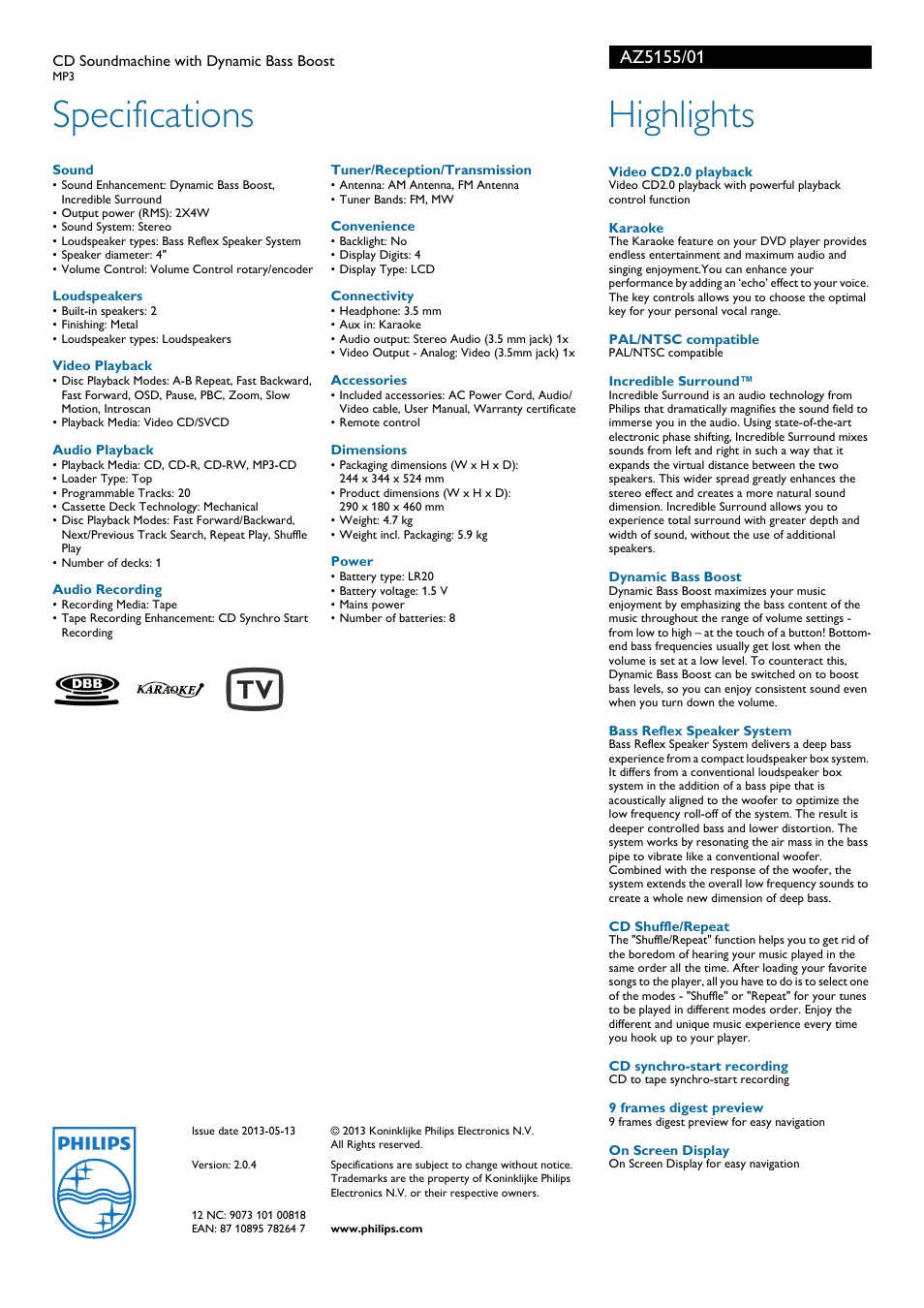 Specifications, Highlights | Philips AZ5155/01 User Manual | Page 2 / 2