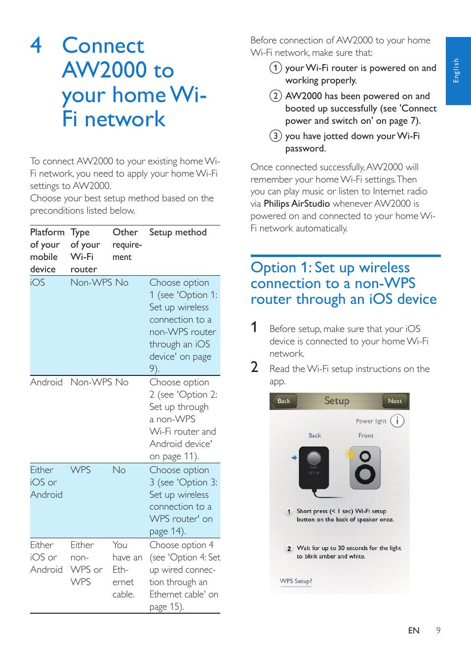 4 connect aw2000 to your home wi-fi network, 4 connect aw2000 to your home, Wi-fi network | Option 1: set up wireless connection, To a non-wps router through an, Ios device | Philips AW2000 User Manual | Page 11 / 32