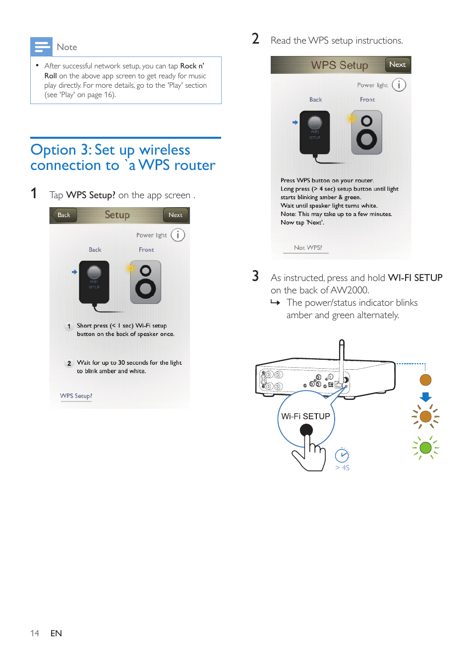 Option 3: set up wireless connection, To `a wps router, Choose option | 3 (see 'option 3 | Philips AW2000 User Manual | Page 16 / 32