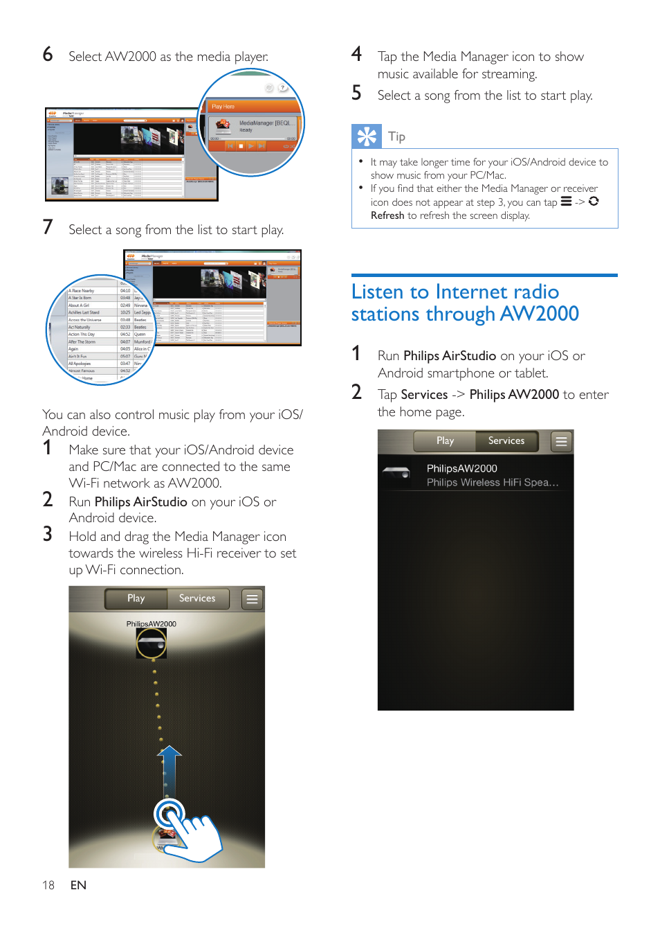 Listen to internet radio stations through aw2000, Listen to internet radio stations, Through aw2000 | Philips AW2000 User Manual | Page 20 / 32