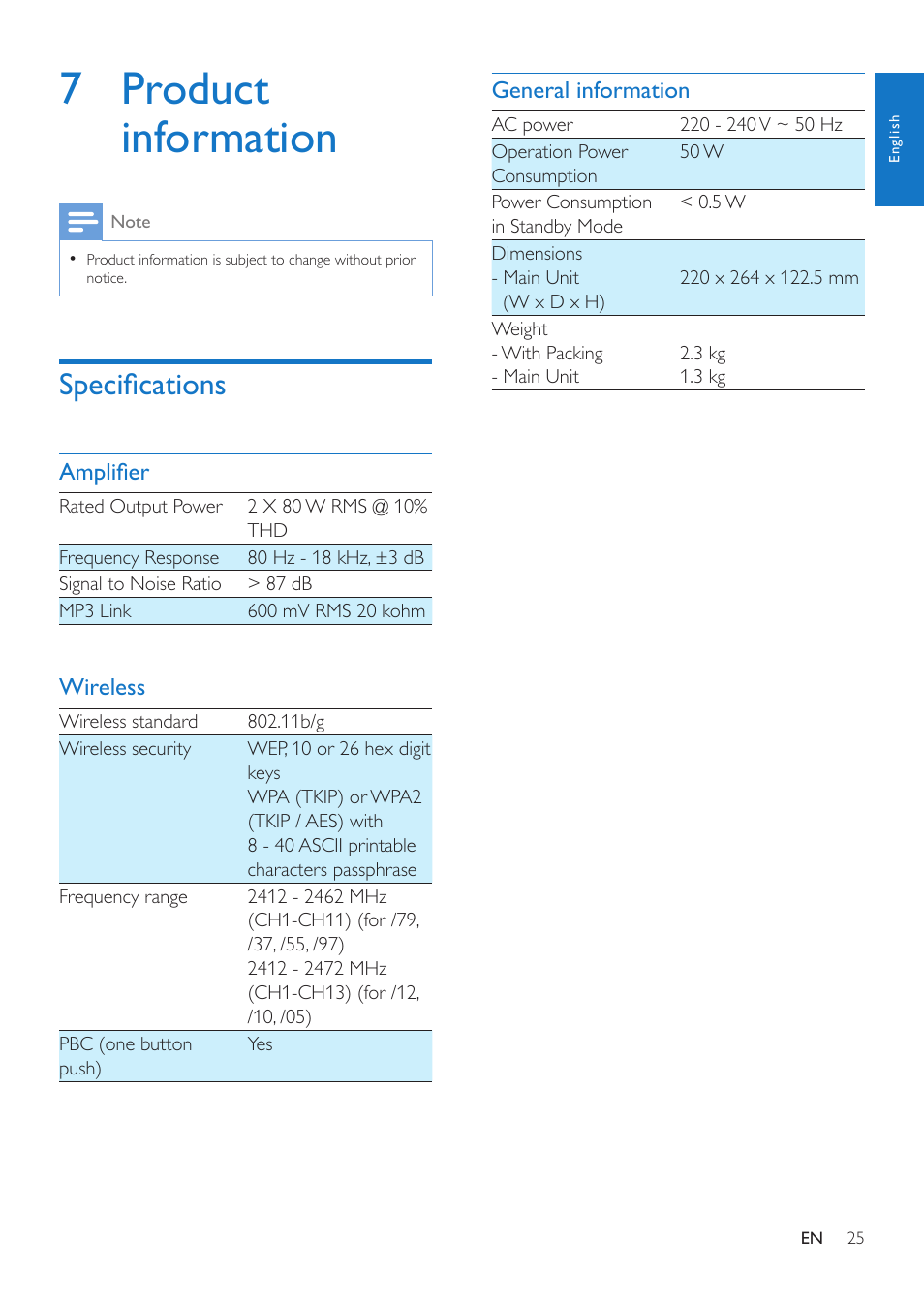 7 product information, Specifications | Philips AW2000 User Manual | Page 27 / 32