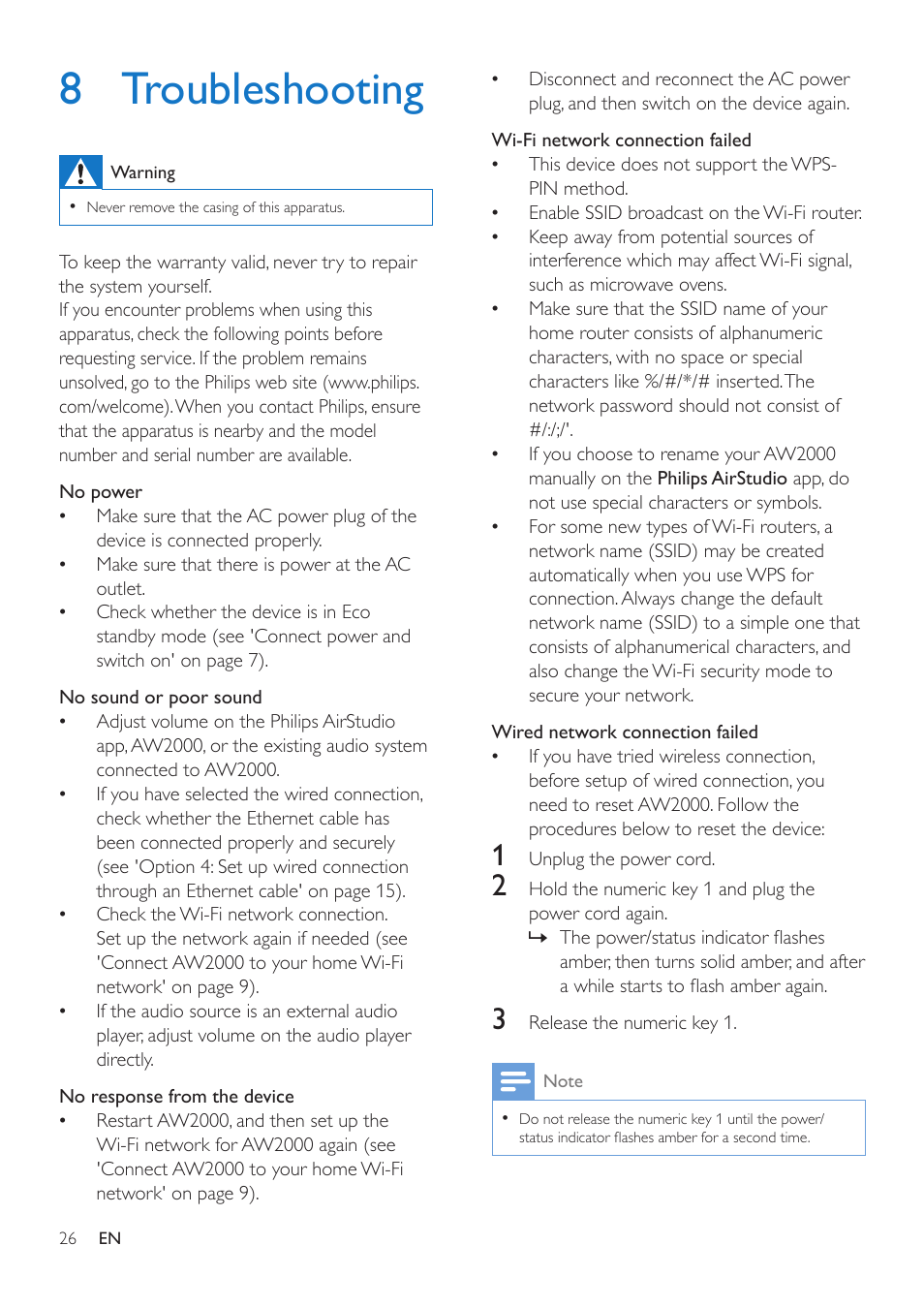 8 troubleshooting, Need to reset the wireless hi-fi receiver | Philips AW2000 User Manual | Page 28 / 32
