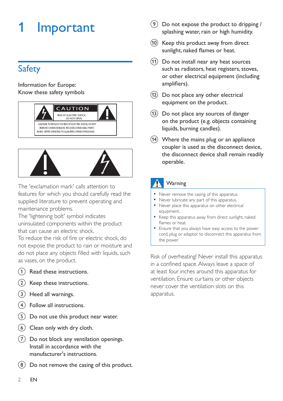 1 important, Safety, Safety 2 | Philips AW2000 User Manual | Page 4 / 32