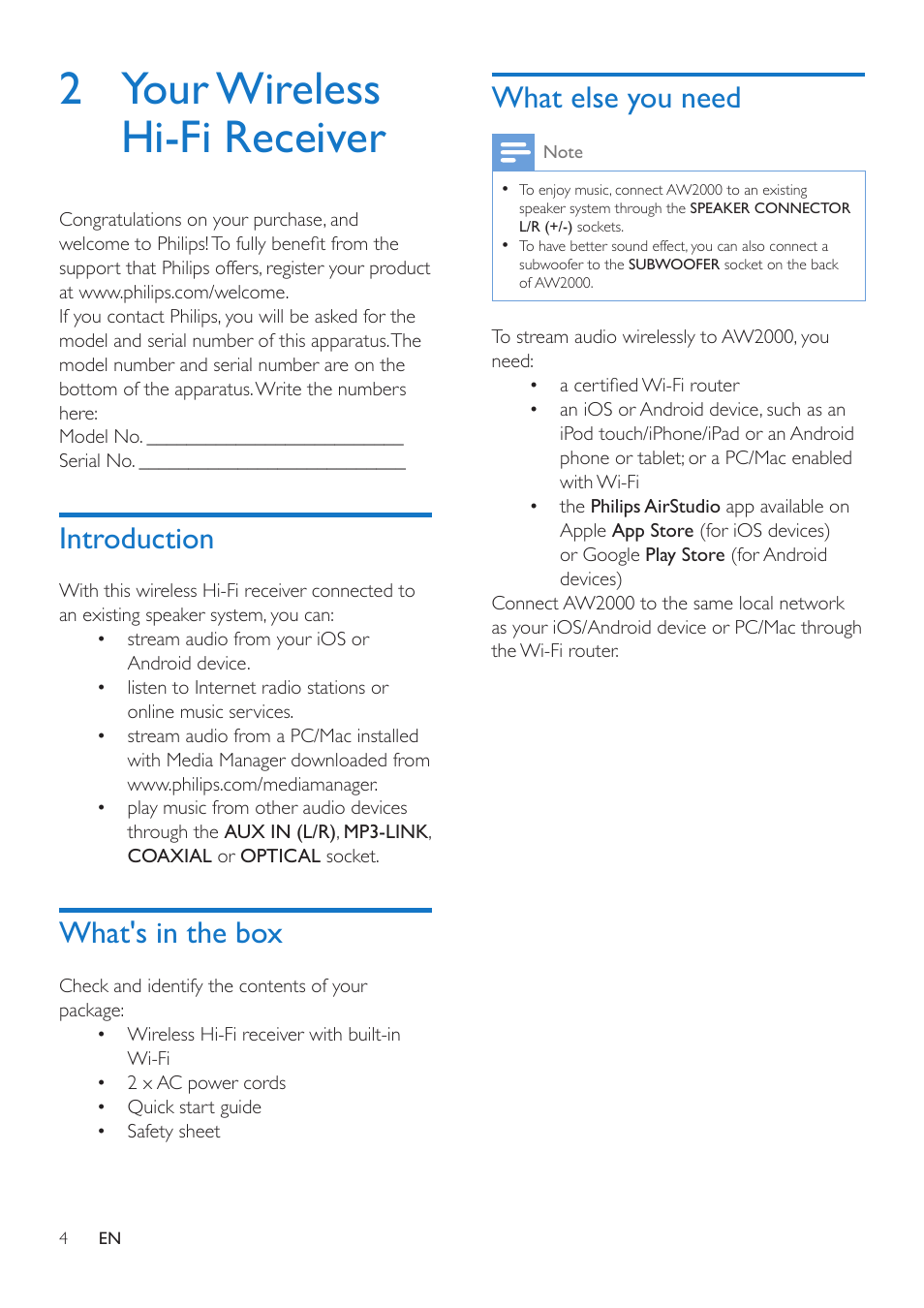 2 your wireless hi-fi receiver, Introduction, What's in the box | What else you need, Introduction 4 | Philips AW2000 User Manual | Page 6 / 32