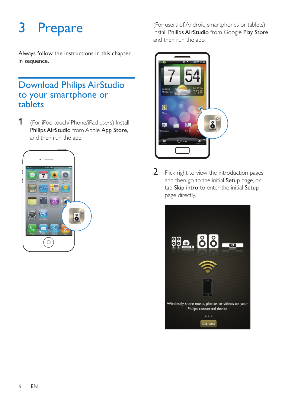 3 prepare, Download philips airstudio to your, Smartphone or tablets | Philips AW2000 User Manual | Page 8 / 32