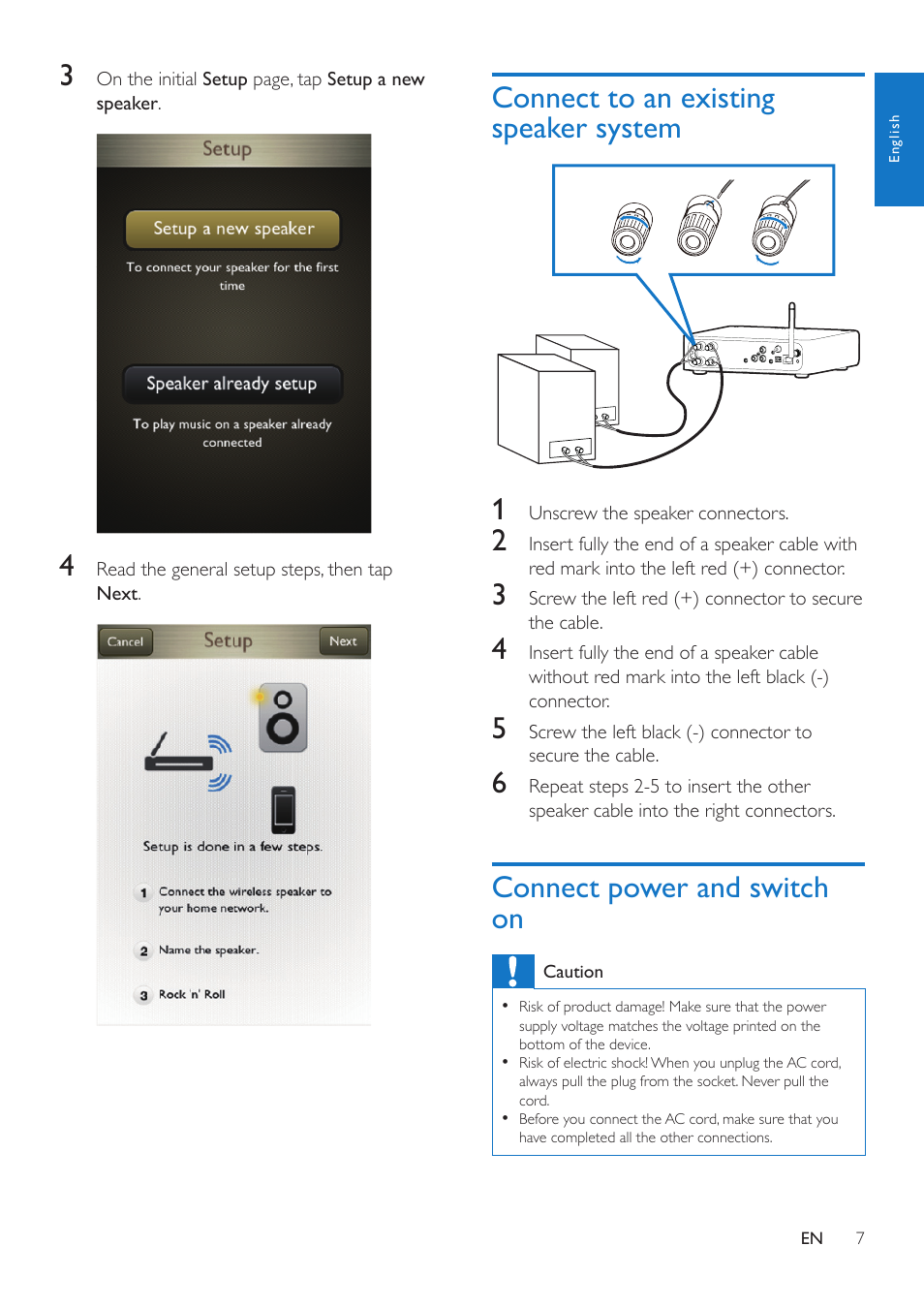 Connect to an existing speaker system, Connect power and switch on | Philips AW2000 User Manual | Page 9 / 32