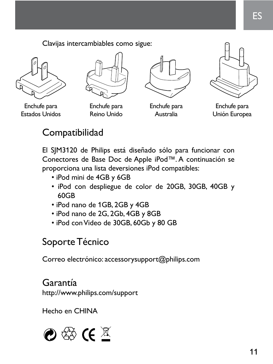 Compatibilidad, Soporte técnico, Garantía | Philips SJM3120 User Manual | Page 11 / 32