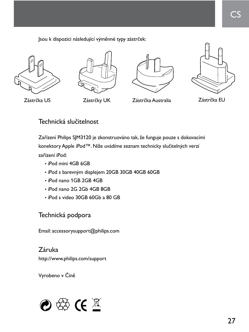 Technická slučitelnost, Technická podpora, Záruka | Philips SJM3120 User Manual | Page 27 / 32