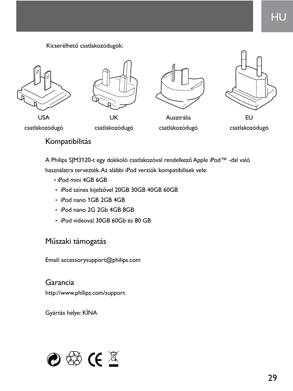 Kompatibilitás, Műszaki támogatás, Garancia | Philips SJM3120 User Manual | Page 29 / 32