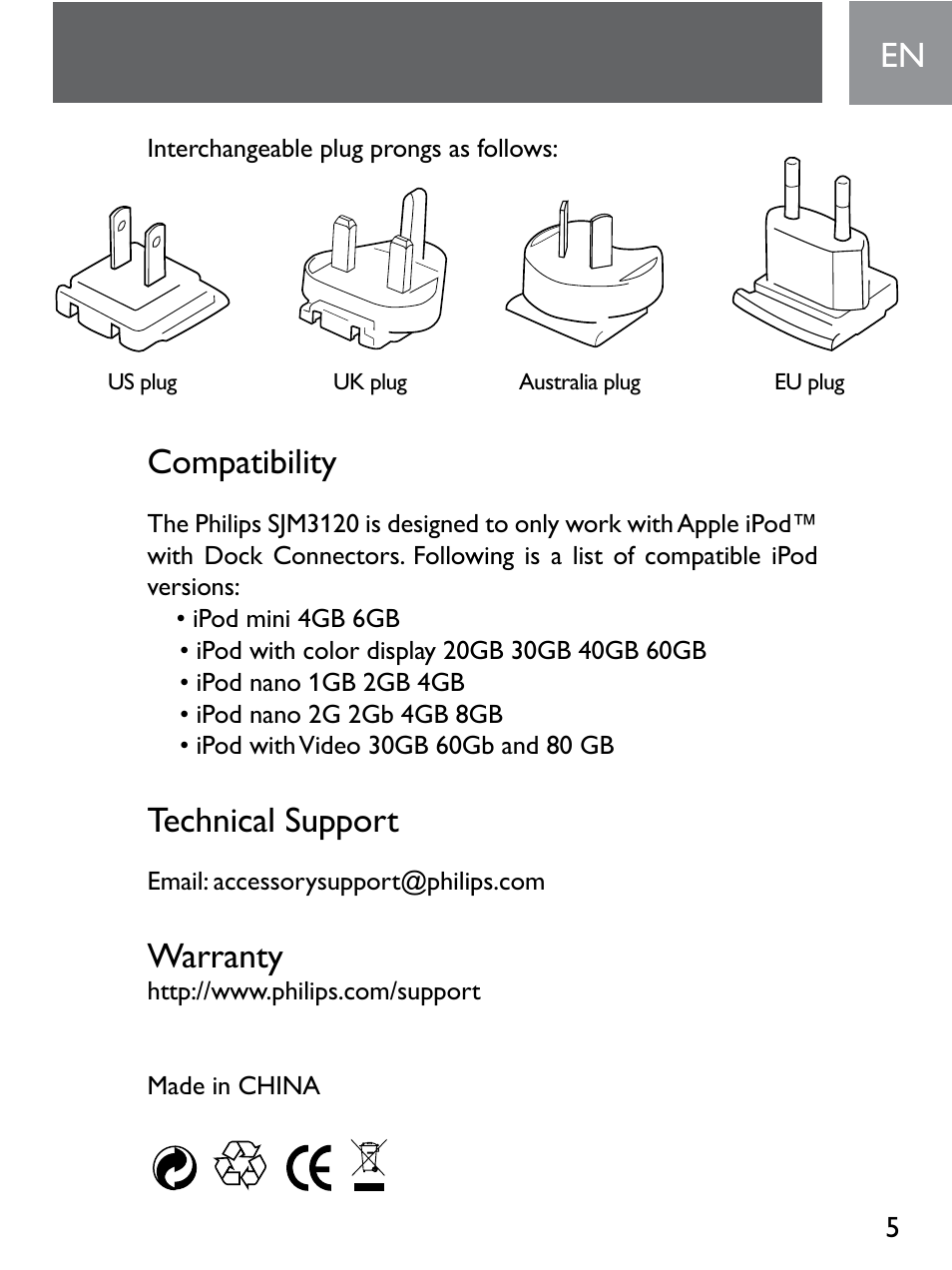 Compatibility, Technical support, Warranty | Philips SJM3120 User Manual | Page 5 / 32