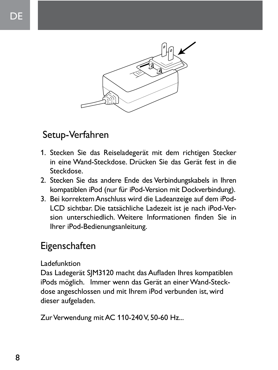 Setup-verfahren, Eigenschaften | Philips SJM3120 User Manual | Page 8 / 32