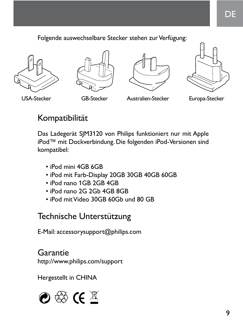 Kompatibilität, Technische unterstützung, Garantie | Philips SJM3120 User Manual | Page 9 / 32