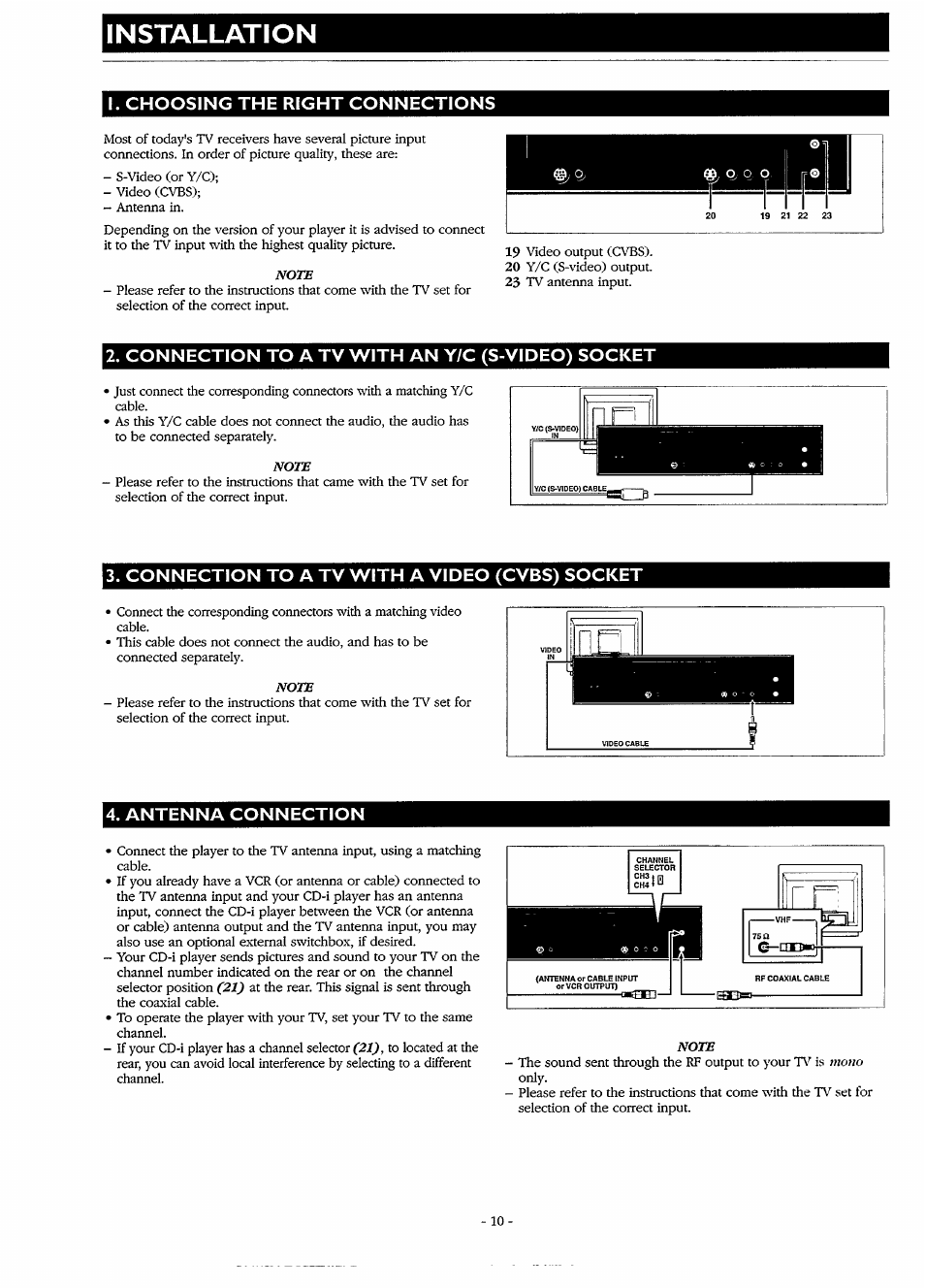 I. choosing the right connections, Connection to a tv with an y/c (s-video) socket, Connection to a tv with a video (cvbs) socket | Antenna connection, Installation | Philips CDI220/80P User Manual | Page 10 / 24