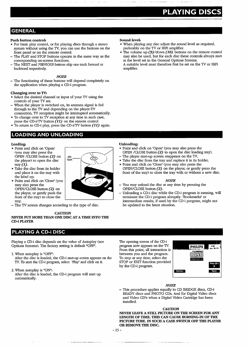 General, Push button control, Changing over to tv | Sound level, Loading and unloading, Loading, Caution, Never put more than one disc at a time into the, Cd-i player, Unloading | Philips CDI220/80P User Manual | Page 15 / 24