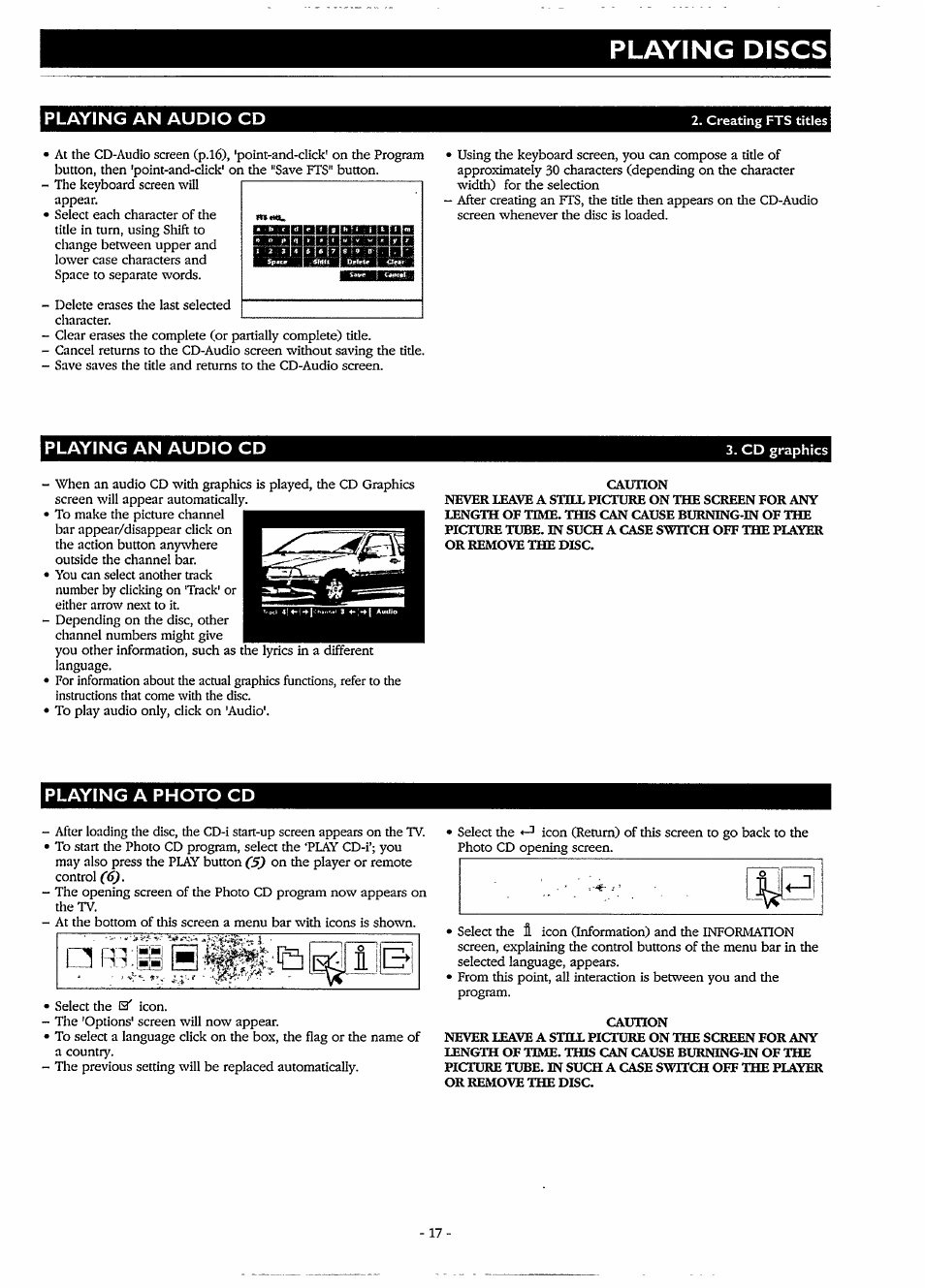 Playing an audio cd, Caution, Playing a photo cd | Playing discs | Philips CDI220/80P User Manual | Page 17 / 24