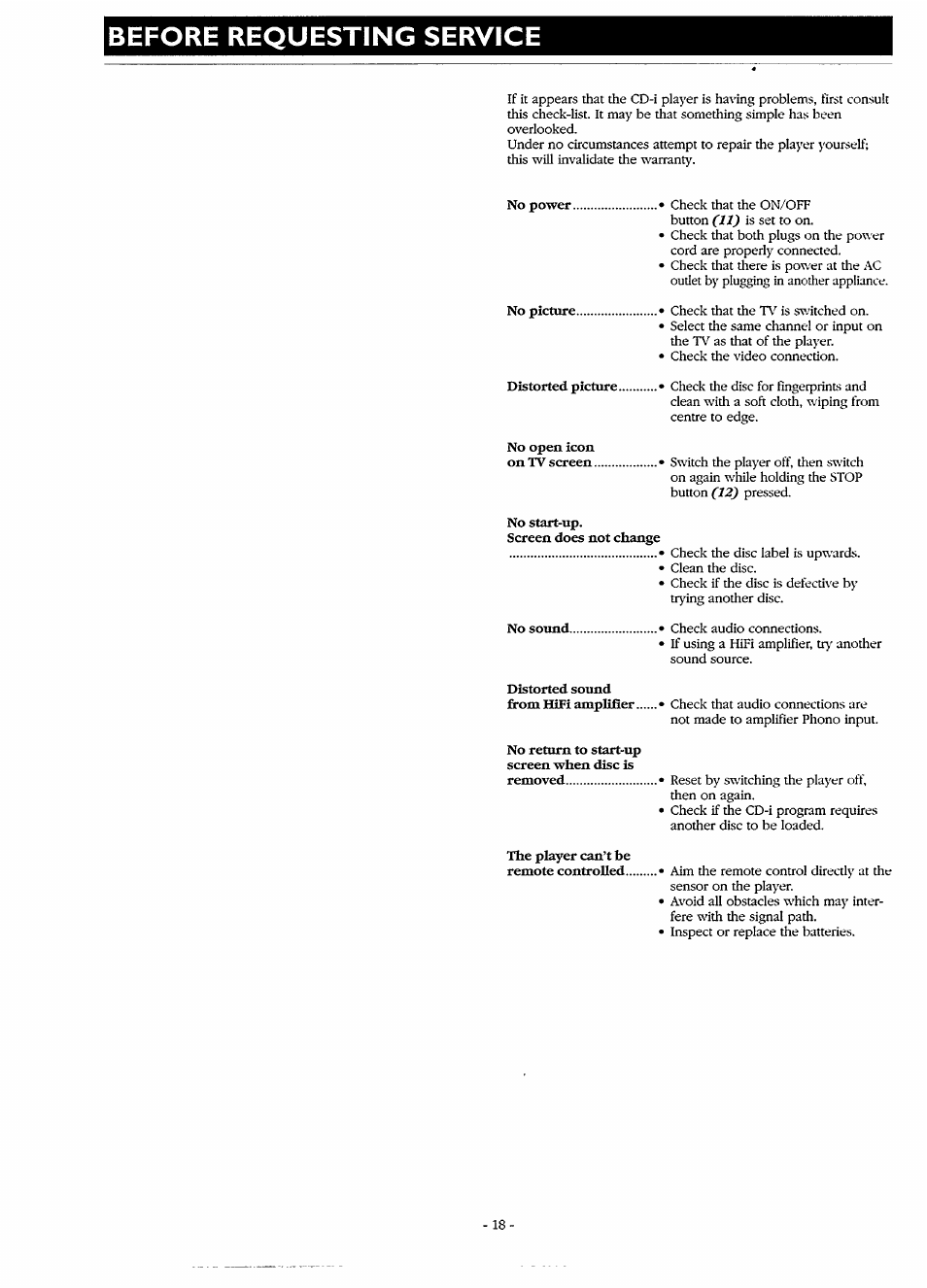 No power, No picture, Distorted picture | No open icon on tv screen, No start-up, Screen does not change, No sound, Distorted sound from hifi amplifier, No return to start-up screen when disc is removed, The player can’t be remote controlled | Philips CDI220/80P User Manual | Page 18 / 24