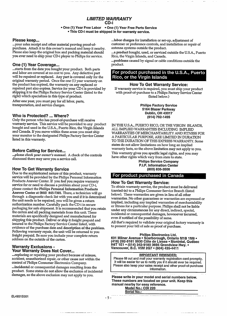 Please keep, One (1) year coverage, Who is protected?... where | Before calling for service, How to get warranty service, Warranty exclusions, Your warranty does not cover, For product purchased in canada, Limited warranty | Philips CDI220/80P User Manual | Page 5 / 24